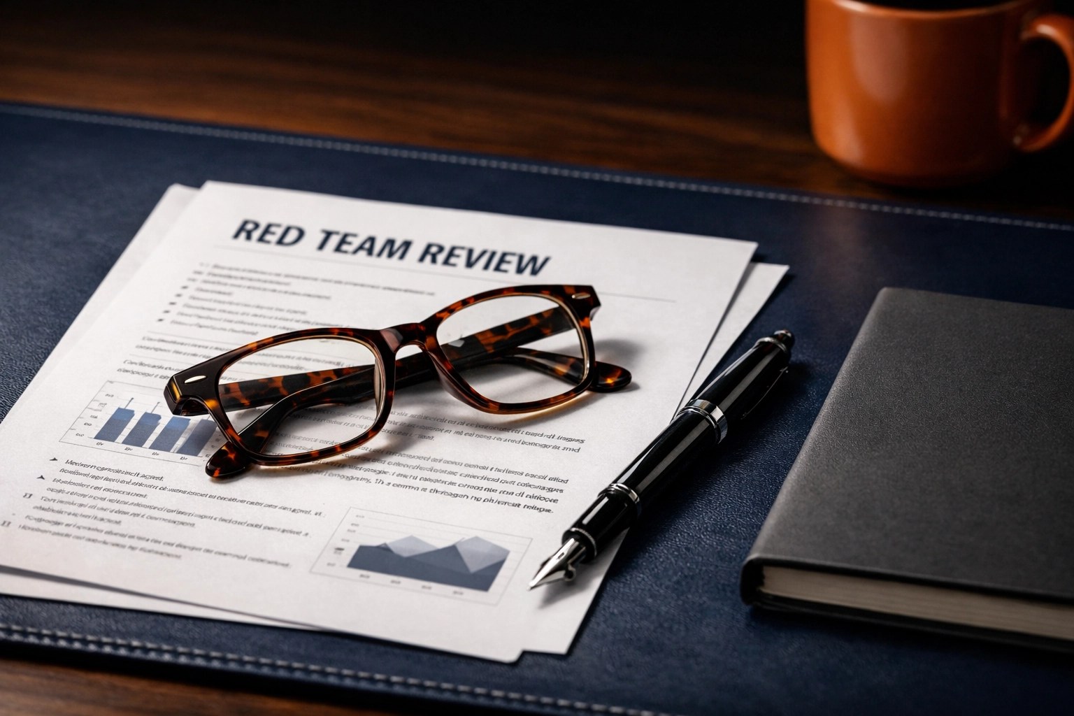 Desk with glasses and a notebook for strategic red-teaming and pressure-testing business plans.