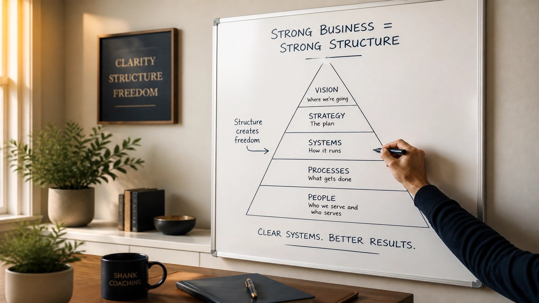 Whiteboard showing a business framework pyramid