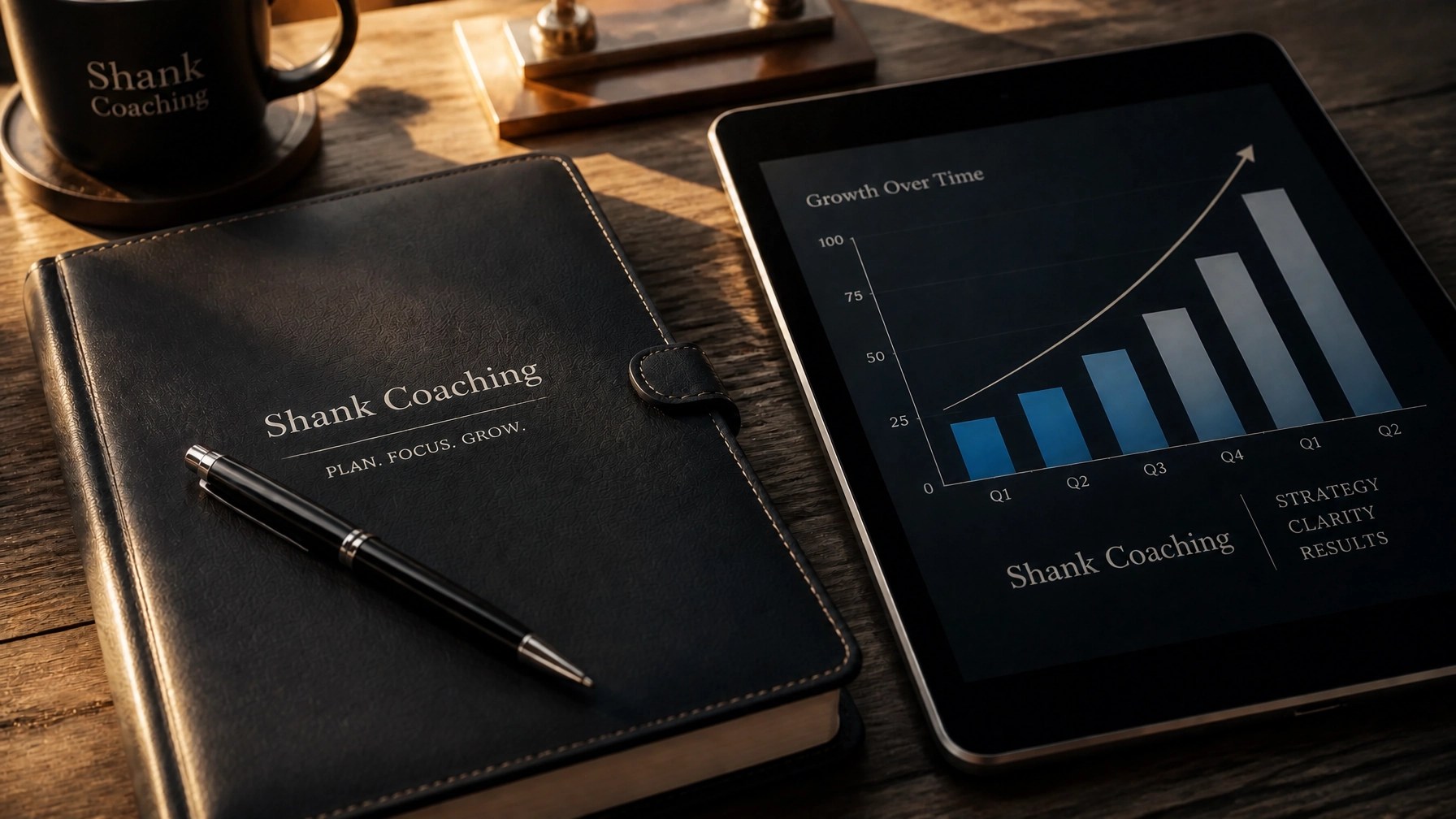Business planner and tablet showing growth charts